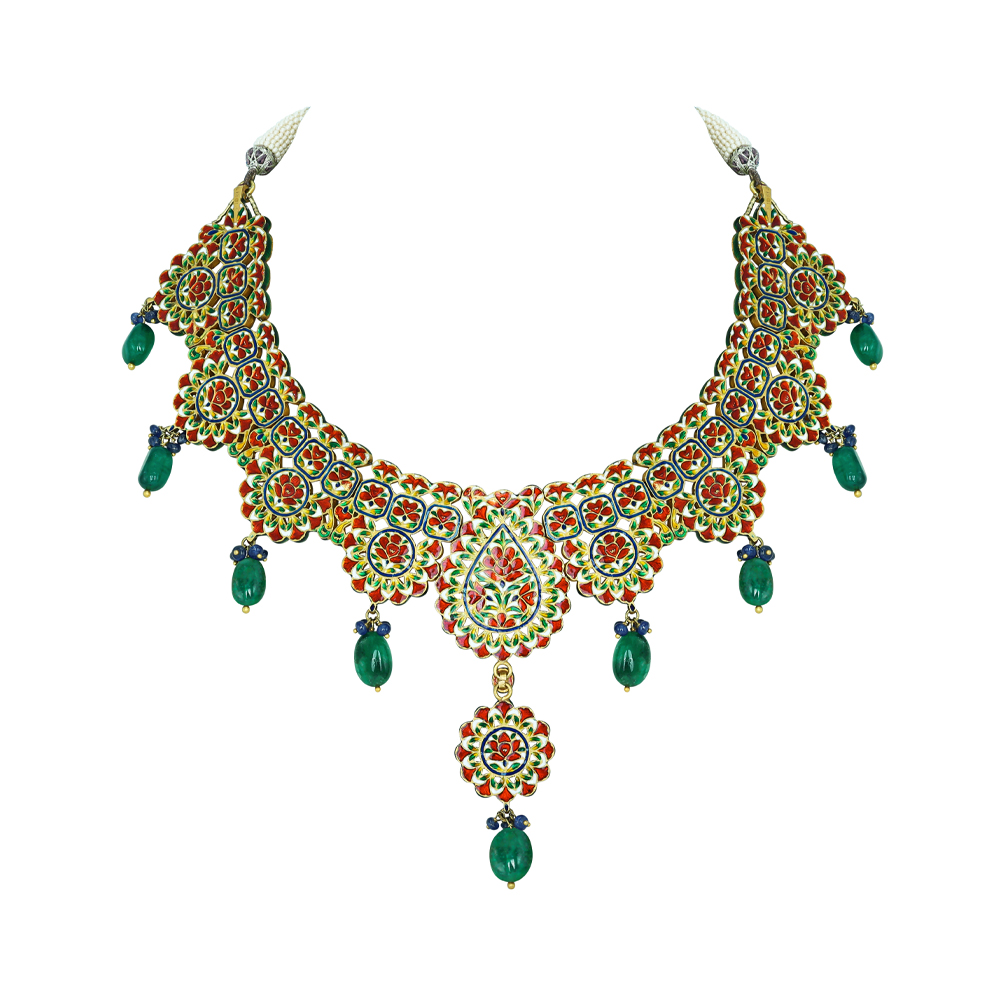 Blue Enamel Polki Necklace with Floral Pendant and Emerald Drops